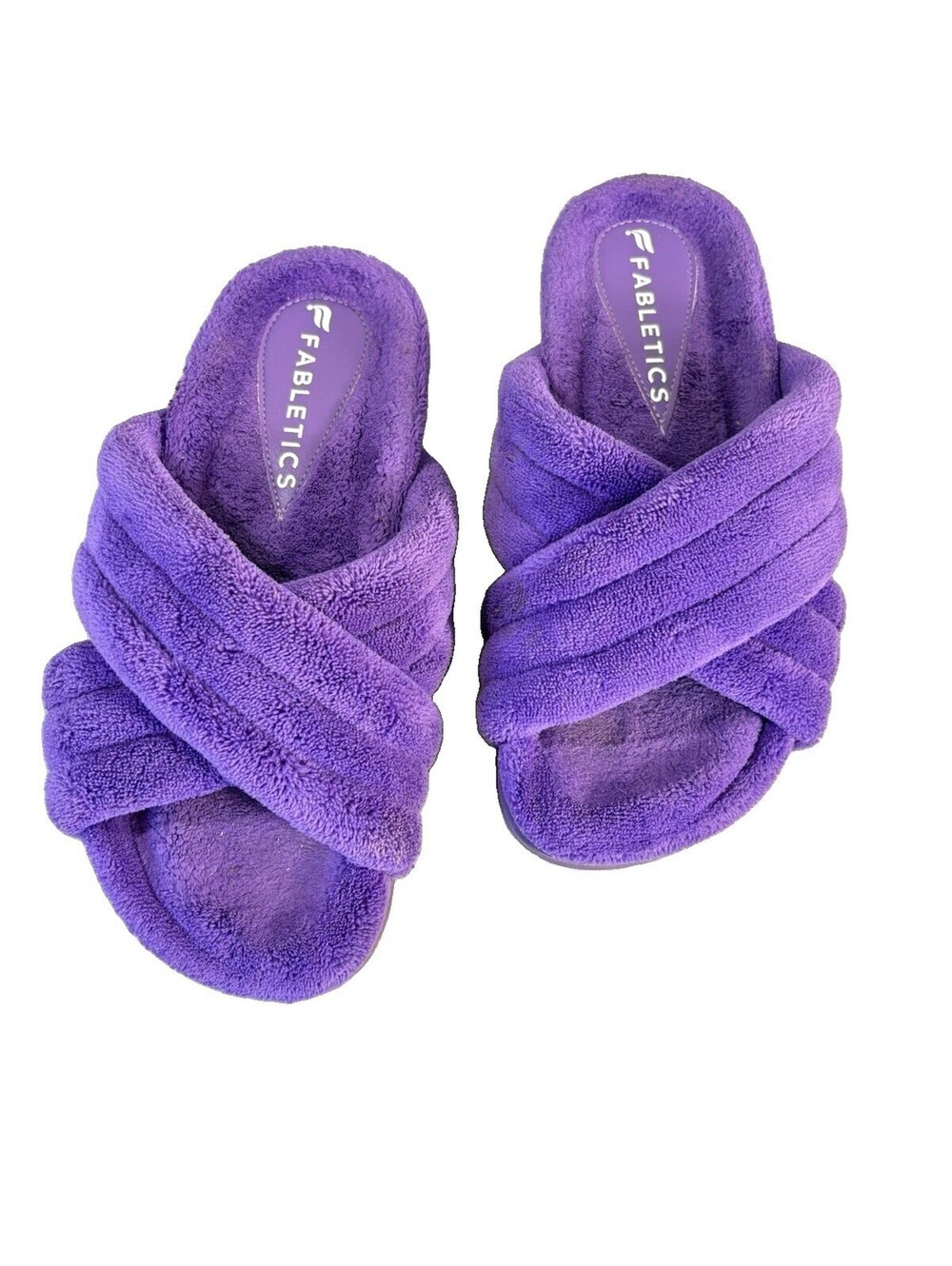 Fabletics Womens Size 7 Purple Plush Cross Band Slide Slippers Fuzzy Cozy